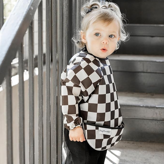 Tiny Twinkle Long Sleeve Bib for Babies & Toddlers – Waterproof Smock Bib for Eating – Machine Washable & Mess-Proof, Baby Feeding Essential & Shower Must-Have(Checkers Black, 6–24M)