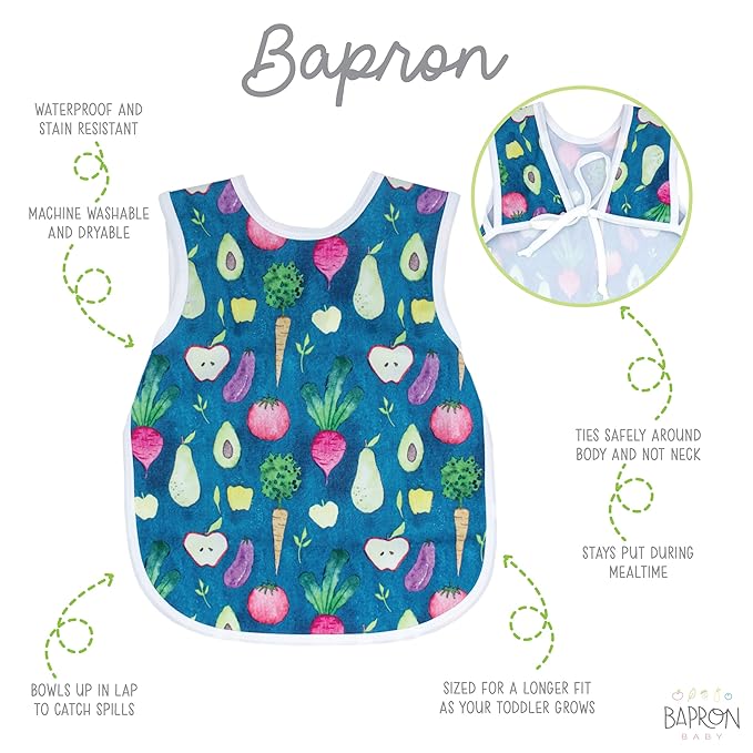BapronBaby Organic Produce Bapron - No Neck Tie Safer Bib for Baby & Toddler - Soft Waterproof Stain Resistant - Machine Washable - Sz Preschool 3-5yrs