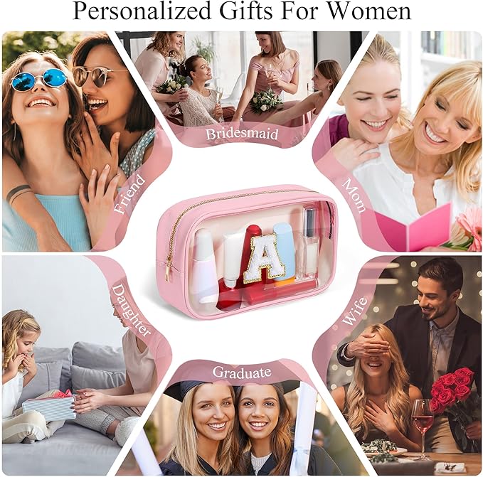 YOOLIFE Travel Toiletry Bag for Women, Pink Clear Makeup Bag Cute Make Up Bag Cosmetic Bags Skin Care Makeup Bag Organizer Birthday Gifts for Women Teacher Mother Girlfriend Initial P