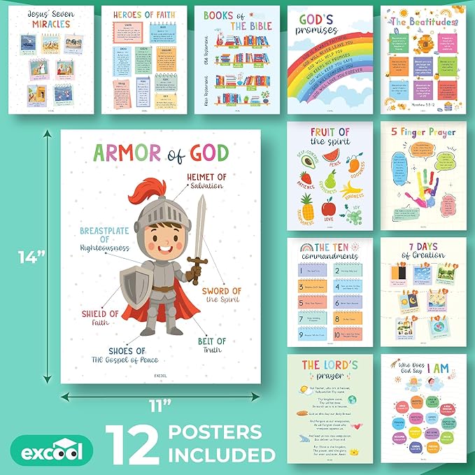 Excool Club Sunday School Decorations For Classroom - 12 Book Of The Bible Posters For Kids, Ten Commandments Fruit Of The Spirit Wall Art, Bible Study Supplies For Christian Classroom Decor (11"x14")