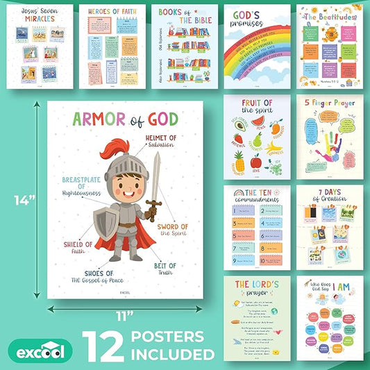 Excool Club Sunday School Decorations For Classroom - 12 Book Of The Bible Posters For Kids, Ten Commandments Fruit Of The Spirit Wall Art, Bible Study Supplies For Christian Classroom Decor (11"x14")