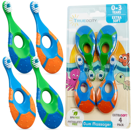Baby Toothbrush 12 months and up - Toddler Toothbrush - Soft Bristles - Child Sized Brush Heads - infant toothbrush - Kids Tooth Brush - Easy Storage - BPA Free - Boy Set (4-Pack, Green, Orange, Blue)