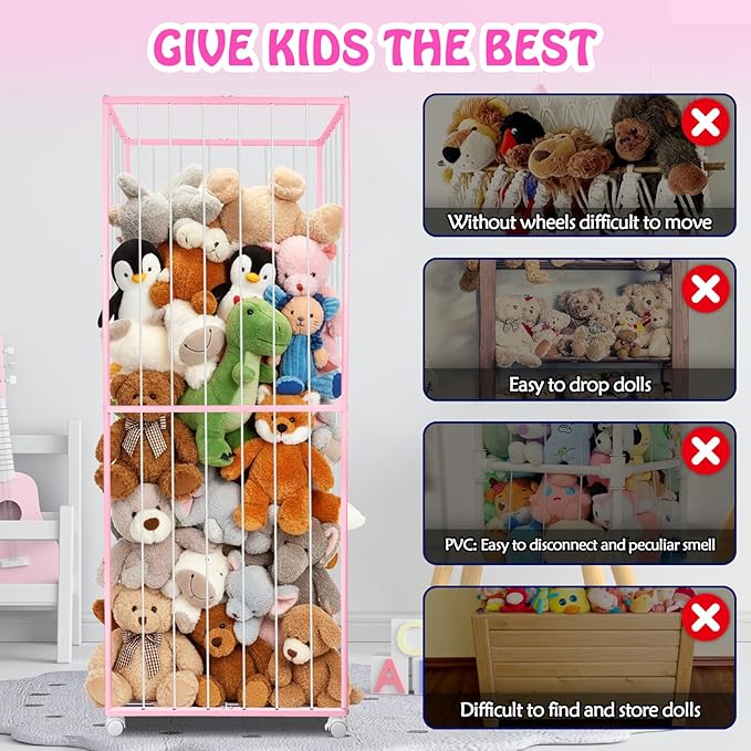 Stuffed Animal Storage, Metal Tube Extra Large Toy Storage Organizer with Brake Wheels, Stuffed Animal Holder Zoo Organizer for Nursery Playroom Kids Room Pink(61” x 23.6”x 16.5”)