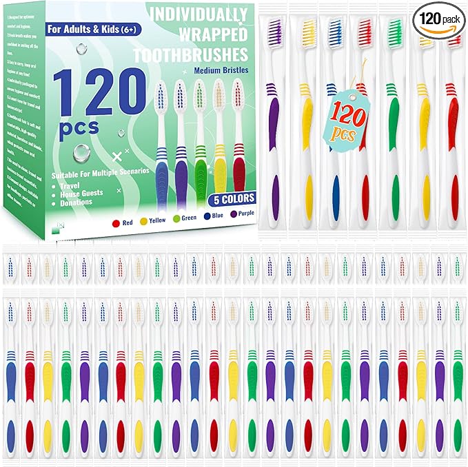 120 Pcs Toothbrush Bulk Disposable, Travel Toothbrushes Pack, Soft Bristle Individually Wrapped and Good Cleaning for Kids, Adult and The Elderly. Suitable for Hotel, Travel, Home, Donated