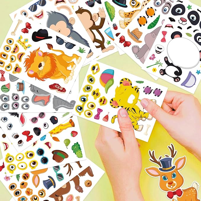 48 Sheets Make Your Own Safari Animal Stickers for Kids Ages 3+, Make-a-face Stickers, Jungle & Zoo Party Favors Supplies, Classroom Teacher Reward