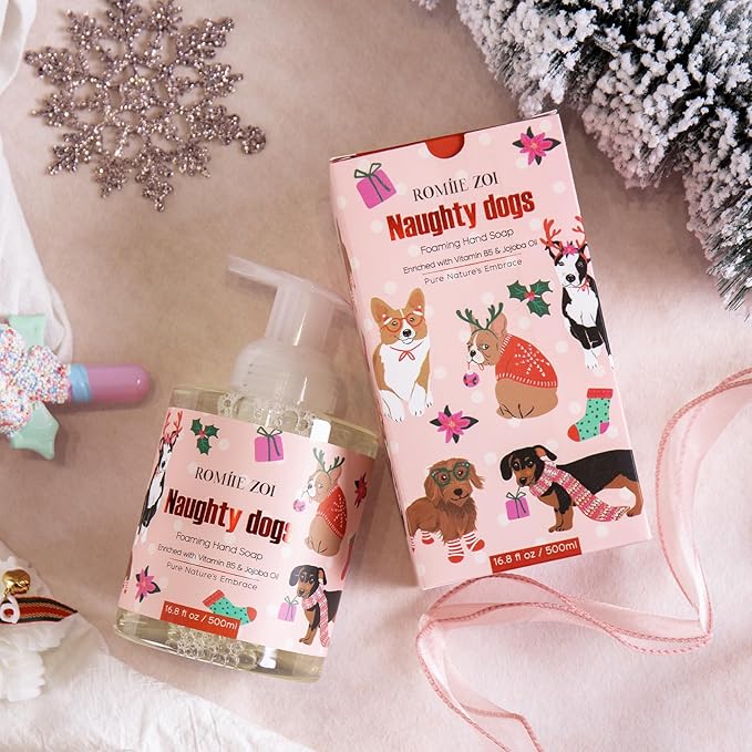 ROMIIE ZOI Christmas Foaming Hand Soap with Gift Box- Naughty Dogs Design, Winter Candy Apple Scented - Holiday Bathroom Soap for Winter Home Decoration and Gifting – 500ml / 16.8oz