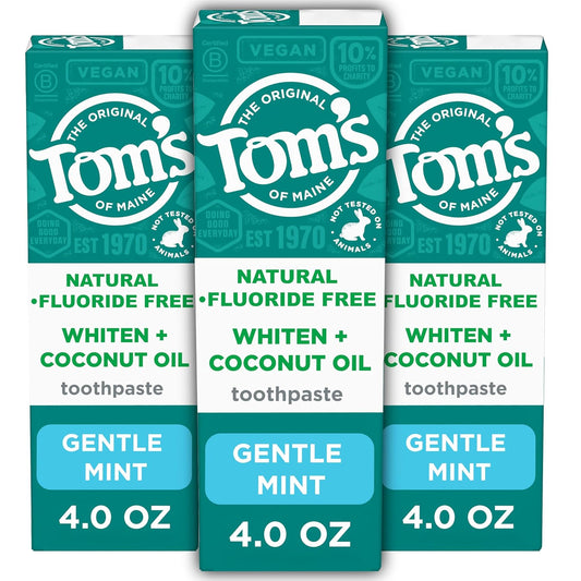Tom’s of Maine Whiten Plus Coconut Oil Fluoride Free Toothpaste, Natural Whitening Toothpaste with Plant-Based Cleansers, Whitens Without Causing Sensitivity, Gentle Mint, 4.0 Oz (Pack of 3)
