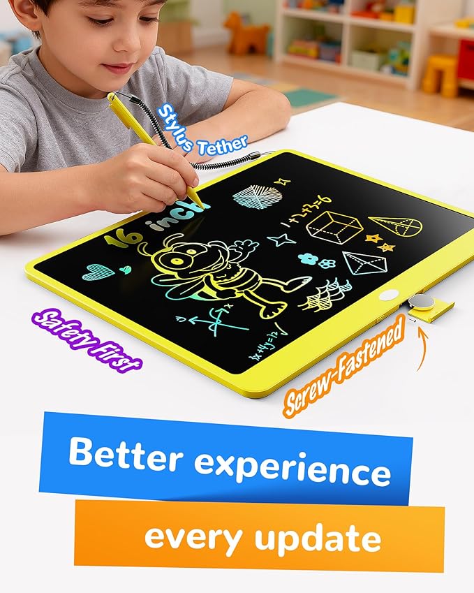 KOKODI LCD Writing Tablet, 16 Inch Colorful Toddler Doodle Board Drawing Tablet, Erasable Reusable Electronic Drawing Pads, Educational and Learning Toy for 3-6 Years Old Boy and Girls(Yellow)