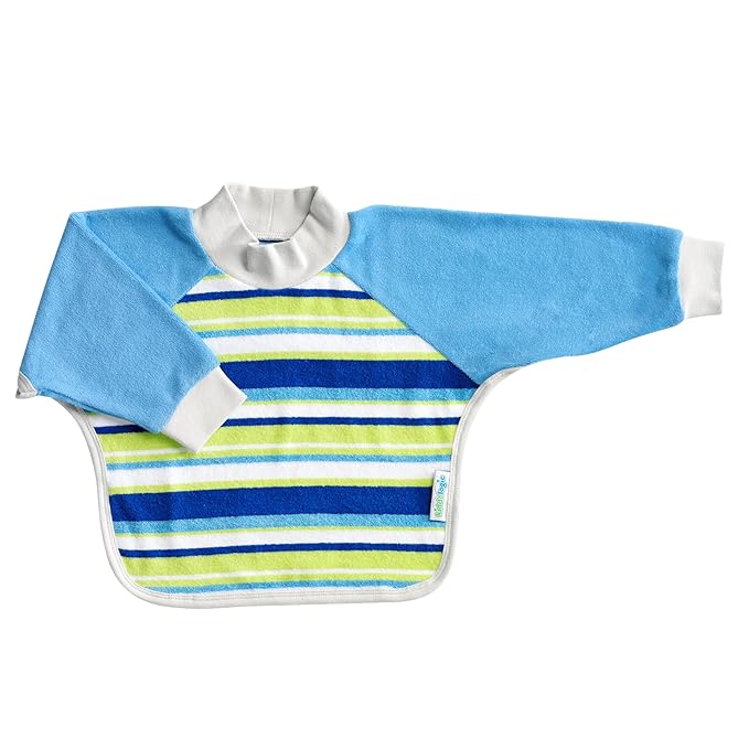 Kiddologic Bibit-all Baby Feeding Bib, Long Sleeves with Ribbed Cuffs and High Collar, Stretchy Pullover Smock, Soft Absorbent Terry, Waterproof Lining, Toddler Boy 12-36 Months, Sky Blue Stripe