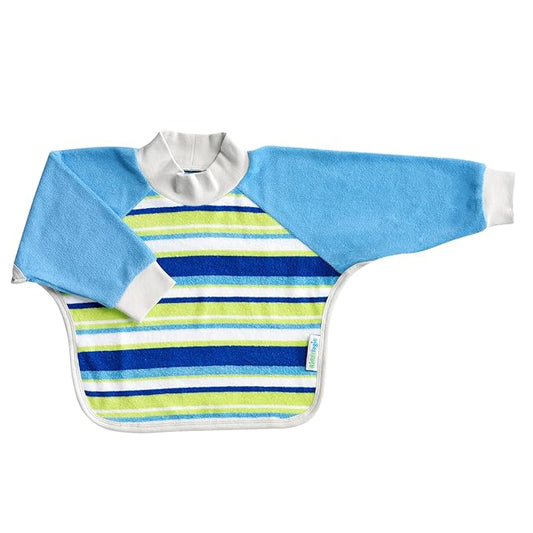 Kiddologic Bibit-all Baby Feeding Bib, Long Sleeves with Ribbed Cuffs and High Collar, Stretchy Pullover Smock, Soft Absorbent Terry, Waterproof Lining, Toddler Boy 12-36 Months, Sky Blue Stripe