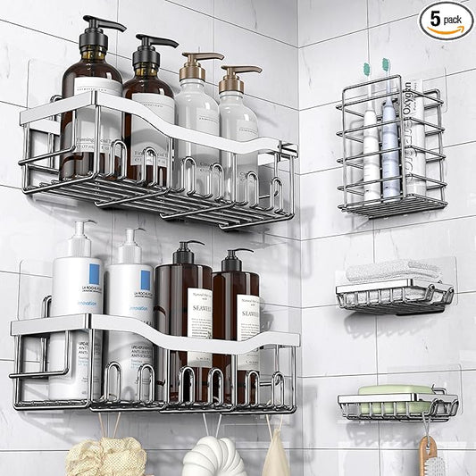 EUDELE 5-Pack Rustproof Stainless Steel Shower Caddy – No Drill Adhesive Bathroom Organizer with Large Capacity, Spacious Shower Shelves for Inside Shower, Kitchen & Home Decor Storage-XL Size