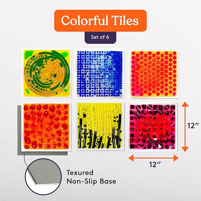 Special Supplies Textured Square Floor Liquid Tiles for Kids, Set of 6, Colorful Early Learning Sensory Activity Mats for Toddlers and Children, Anti-Slip Backing for Active Play, Dance, and Games