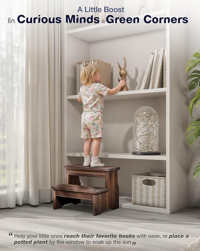 Wooden Two Step Stool, Heavy Duty 2-Step Ladder for Adults & Kids, Supports up to 450lbs for Kitchen, Bathroom or Bedside Use (Walnut Finish)