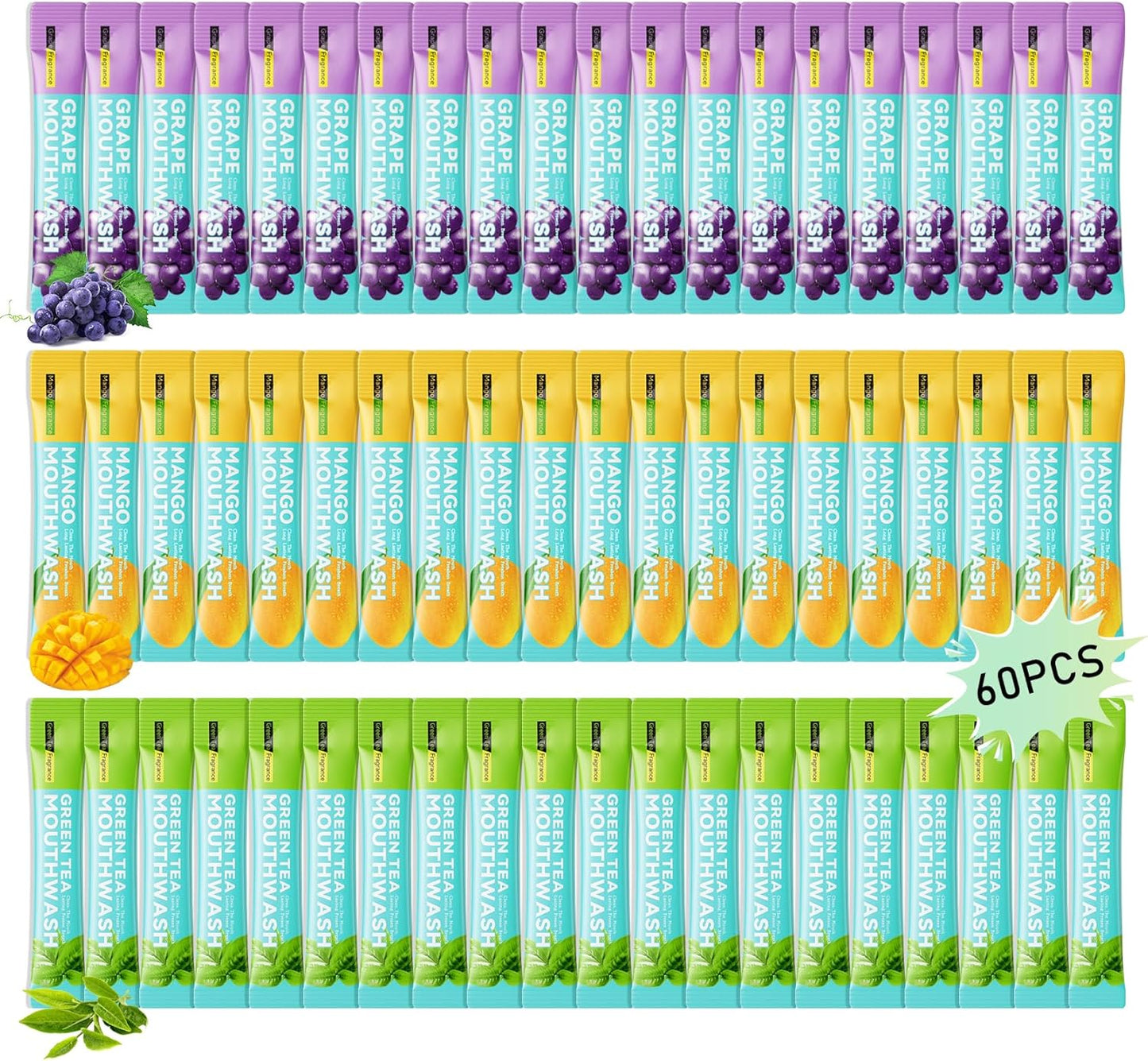 3 Flavors Mini Mouthwash Travel Size, Portable Individual Travel Mouth Wash for Fresh Breath, Refreshing Long Lasting Gentle Oral Care Mouthwash Packs(Pack of 60) Set B