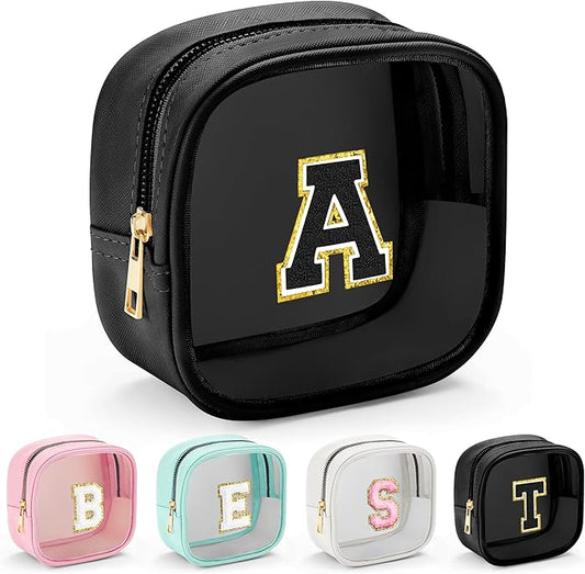 YOOLIFE Initial Mini Makeup Bag | Make Up Bag Travel Toiletry Bag | Clear Makeup Bag | Preppy Cosmetic Bags Organizer Travel Essentials Gifts for Women Teen Girlfriend Teacher Birthday Gifts Black A