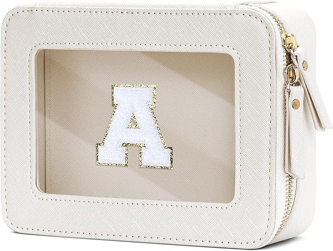 Initial Travel Toiletry Bag - Cosmetic Bags for Girls with Zipper, Clear & Potable Makeup Bag for Travel, Cosmetic Pouch Perfect Gifts for Graduation (Beige, A)