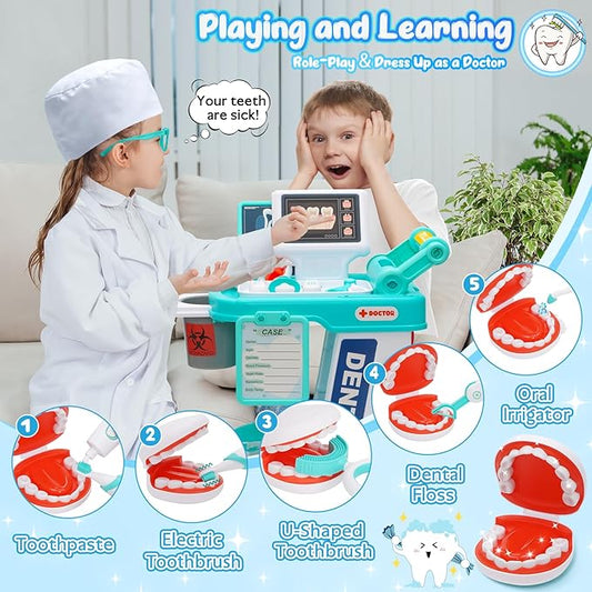 Dentist Play Set Toy for Kids, Pretend Play Medical Toy Dentist Cart, Dental Toy with Fake Teeth, Doctor Toy for Toddlers 3-5, Christmas Birthday Costume Role Play Dress Up Gift Ideas for Boys Girls