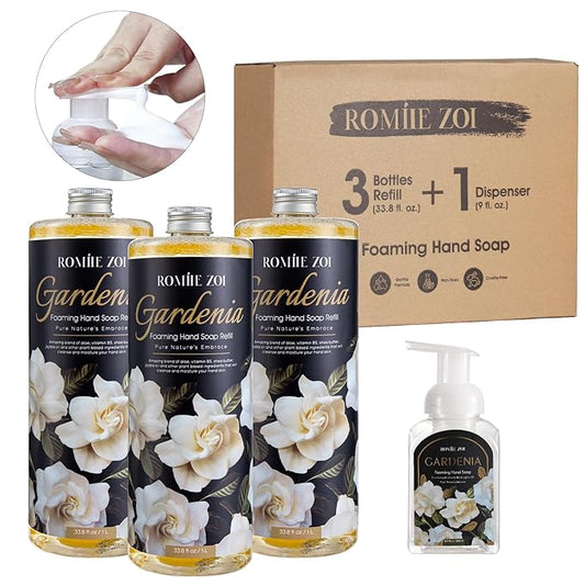 ROMIIE ZOI Hand Soap Refills Foaming, Gardenia Scent Natural Plant Moisturizing Foam Soap Refills with Dispenser 1 L/ 33.8 FL OZ(Pack of 3)