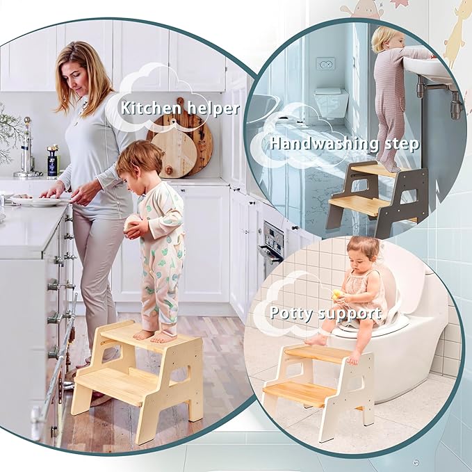 Toddler Step Stool for Kids - Height Adjustable Non-Slip Wooden Step Stool for Bathroom Sink, Kitchen & Potty Training 2-Step - White
