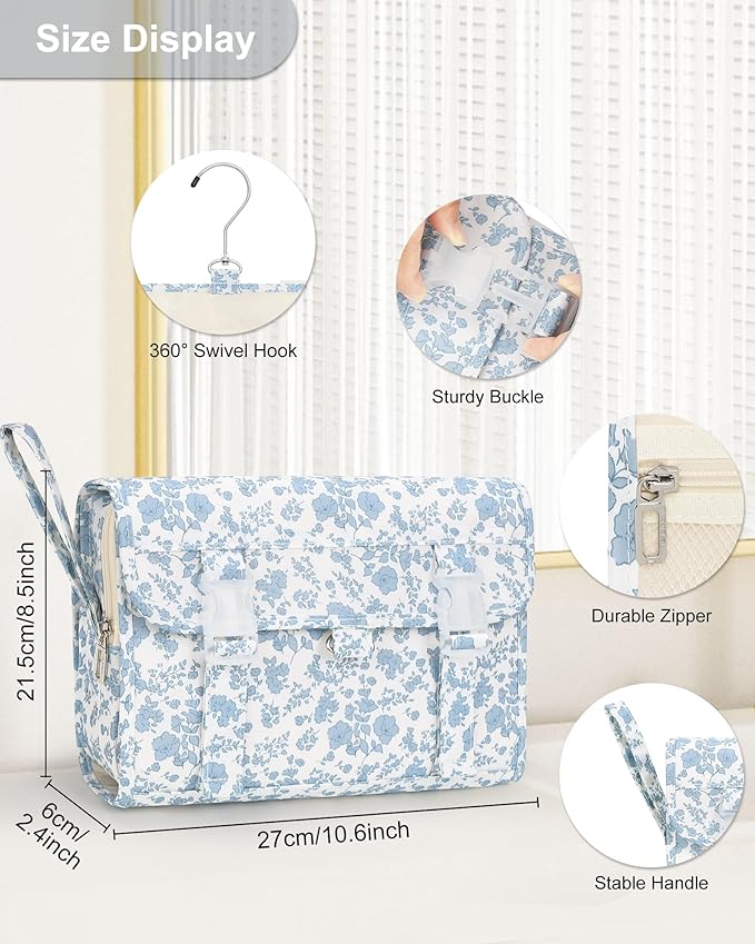 Hanging Toiletry Bag, Travel Toiletries Bag with Hanging Hook, Water Resistant Makeup Cosmetic Organizer for Full Sized Container, Shampoo, Portable Wash Bag for Travel Size Essentials - Blue Flower