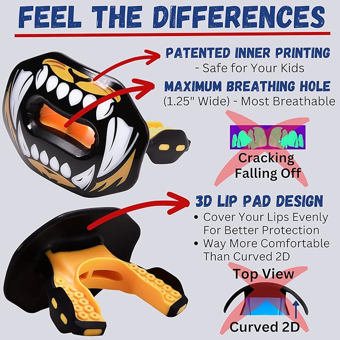 Oral Mart Flag Football Mouth Guard with 3D LipFit Design for Kids - Youth Tackle Football Mouthguard (No Boil) Cool Instant Fit Lip Guard Mouthpiece for Braces (Detachable Helmet Strap Included)