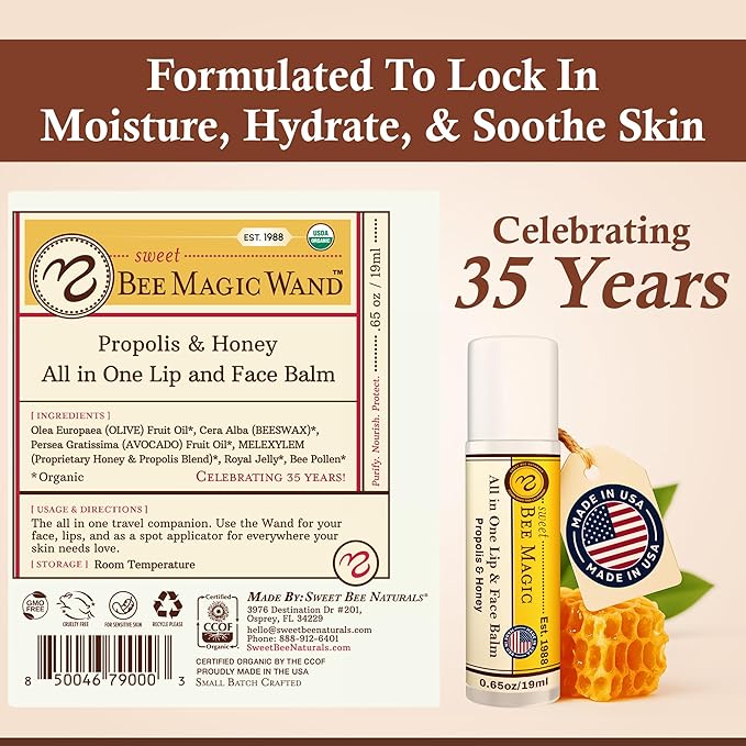 Sweet Bee Naturals Magic Wand - Certified Organic Lip and Face Moisturizing Wand - Natural Balm Wand for Dry Skin and Lips, Non-Petroleum Jelly for All Ages and Skin Types,0.65 oz-6 pack