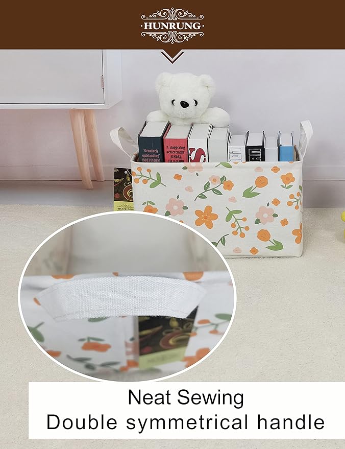 HUNRUNG Rectangle Storage Basket Cute Canvas Organizer Bin for Pet/Children Toys, Books, Clothes Perfect for Rooms/Playroom(Rec-Orange Flower)