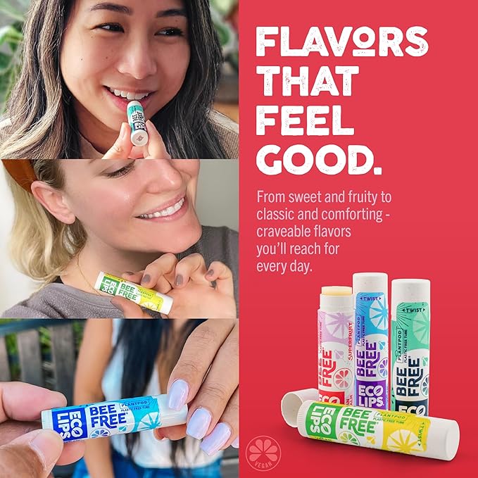Eco Lips Bee Free Variety Pack Vegan Lip Balm | Candelilla Wax, Cocoa Butter & Coconut Oil Lip Care. Soothe & Moisturize Dry, Chapped Lips - 100% Plastic-Free Plant Pod Packaging - Made in USA