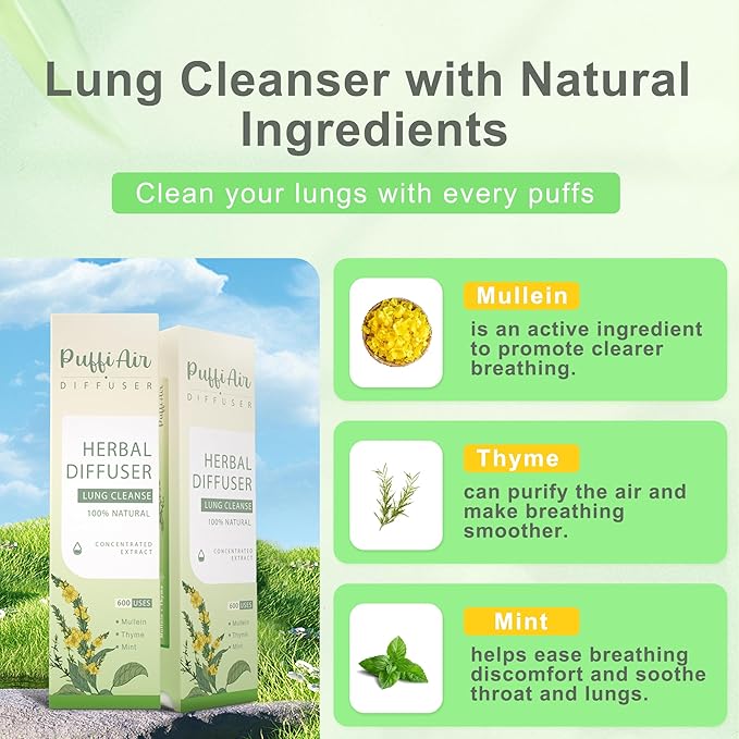 Herbal Diffuser Upgraded with Extracts of Mullein, Thyme and Mint for Cleansing Lungs, Improving Breathing and Oral Air Freshening (Green, 4 Sticks (Pack of 2))