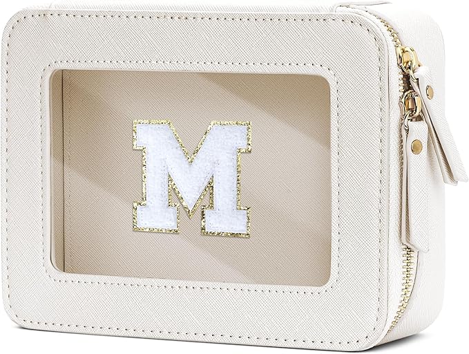 Initial Travel Toiletry Bag - Cosmetic Bags for Girls with Zipper, Clear & Potable Makeup Bag for Travel, Cosmetic Pouch Perfect Gifts for Graduation (Beige, M)