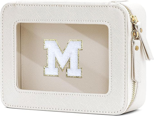 Initial Travel Toiletry Bag - Cosmetic Bags for Girls with Zipper, Clear & Potable Makeup Bag for Travel, Cosmetic Pouch Perfect Gifts for Graduation (Beige, M)