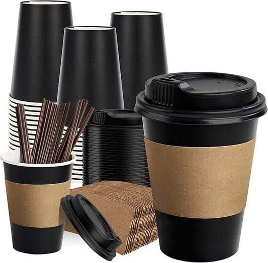 RACETOP 50 Pack 12 oz Coffee Cups with Lids, Black Disposable Coffee Cups with Lids, Sleeves and Stirring Sticks, Hot Paper Coffee Cup 14 oz for Hot Drinks, Parties, Picnic, Travel, and Events