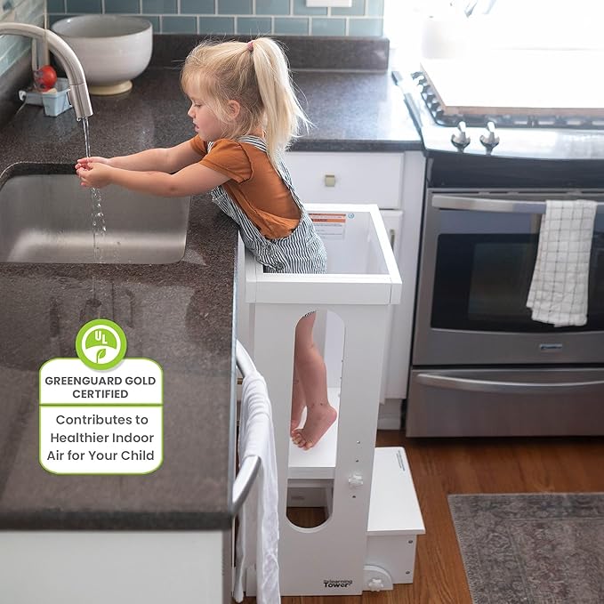 Little Partners Foldable Toddler Tower, Learning Tower Explore 'N Store Montessori Standing Kitchen Tower with Folding Step Stool Platform for Cooking and Learning, Ages 2+ (Soft White)