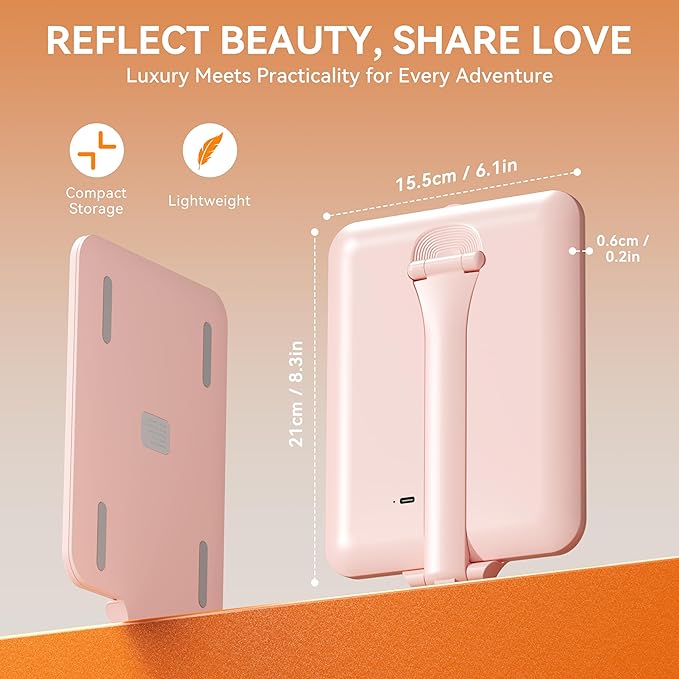 Auxmir Travel Makeup Mirror with 3 Dimmable Color Lights, Portable Foldable LED Lighted Travel Makeup Mirror, Rechargeable Compact Vanity Mirror with Light, Adjustable Height and Angle for Desk, Pink