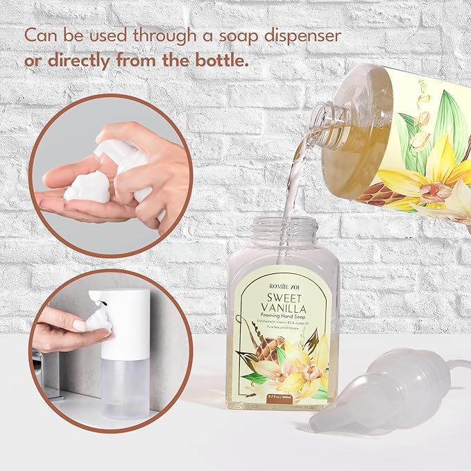 ROMIIE ZOI Foaming Hand Soap Refill Gift Set – Sweet Vanille Scent – 3 Pack (1000ML Each) with Dispenser, Gentle & Moisturizing Plant-Based Formula – Bulk Refill Bottles for Bathroom & Kitchen Use