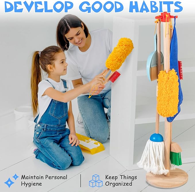 Wooden Kids Cleaning Set for Toddlers,8 Pieces Montessori Cleaning Toys with Kids Broom and Mop Set, Housework Pretend Play Toy Gift for Boys Girls Ages 3+
