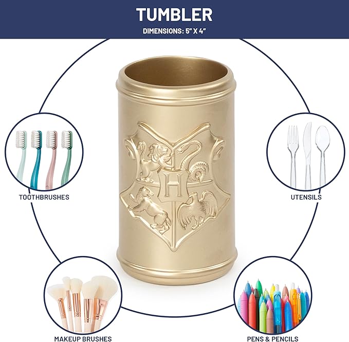 Jay Franco Harry Potter Bathroom Tumbler - Gold Resin Toothbrush/Pen Holder Features Hogwarts Crest - Bathroom Décor