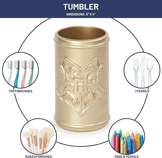 Jay Franco Harry Potter Bathroom Tumbler - Gold Resin Toothbrush/Pen Holder Features Hogwarts Crest - Bathroom Décor