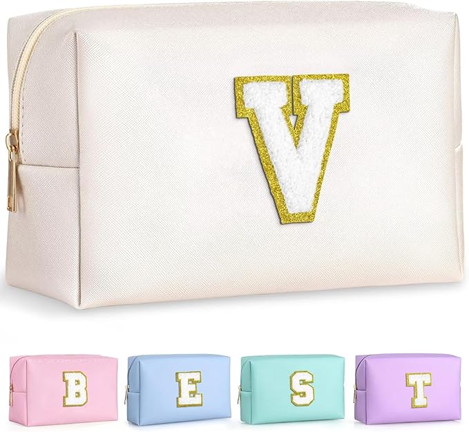 TOPEAST Initial Makeup Bags for Women, Personalized Portable Cosmetic Bag for Travel, Cute Makeup Pouch, PU Leather Waterproof Toiletry Bag, Preppy Things for Girl (White V)