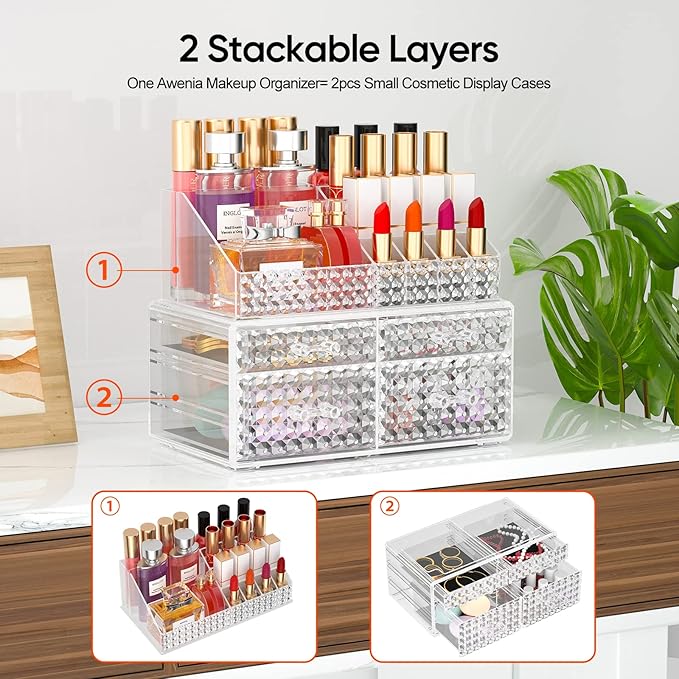 2 Pack Makeup Organizer with Drawers[Upgraded]-Acrylic Make up Organizers and Storage Case for Cosmetics,Brush,Perfume,Jewelry Display, Vanity and Bathroom Accessories