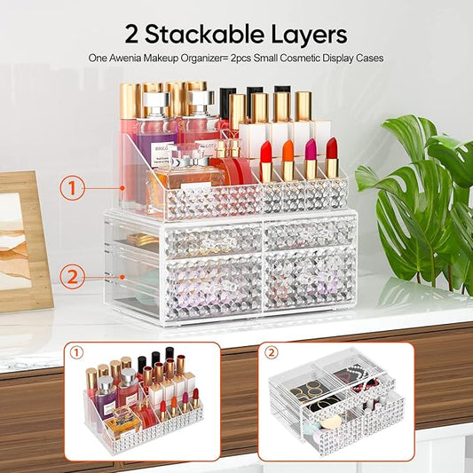 2 Pack Makeup Organizer with Drawers[Upgraded]-Acrylic Make up Organizers and Storage Case for Cosmetics,Brush,Perfume,Jewelry Display, Vanity and Bathroom Accessories
