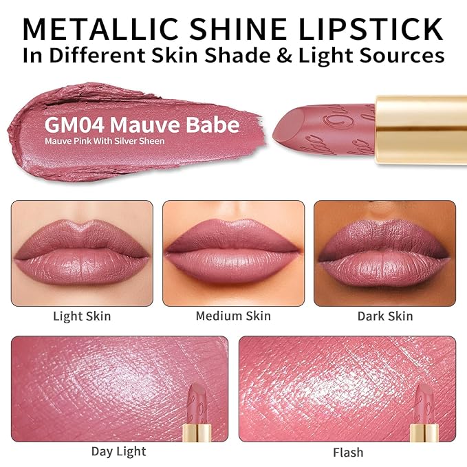 Oulac Matte Mauve Pink Lipstick with Glow Metallic Finish - Vegan Lipstick for Women, Creamy Texture, Hydrating Clean Beauty Formula, High-End Magnetic Hook Design, GM04 Mauve Babe