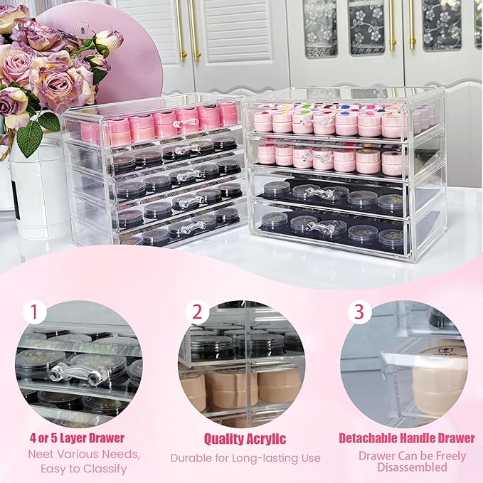 4 Tier Nail Art Decoration Storage Box，Acrylic Make Up & Jewelry Organizer with Drawers, Cosmetic Storage for Dresser Countertop and Bathroom，Beauty Holder for Lipstick Brush