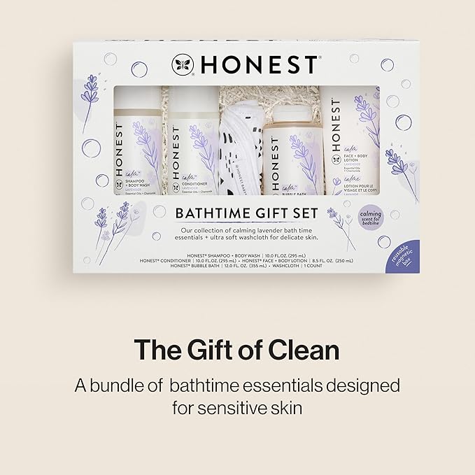 The Honest Company Calming Lavender Bathtime Gift Set Hypoallergenic Bath Essentials for Sensitive Baby Skin Shampoo and Body Wash Face Lotion Bubble Conditioner Cloth