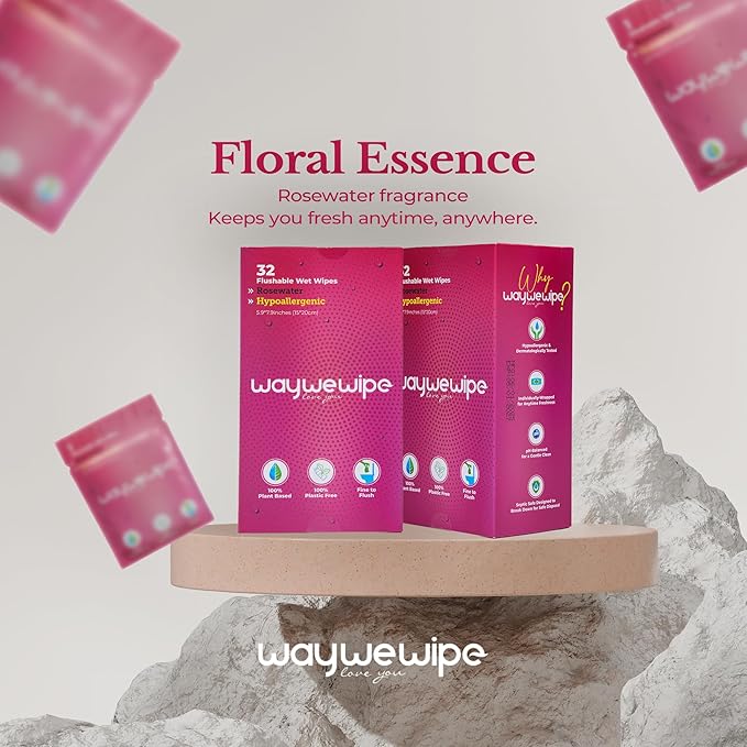 On-The-Go Flushable Feminine Wet Wipes, 32 Count XL Individually Wrapped Female Wipes, Hypoallergenic 100% Plant Based Septic Safe, Travel Size Adult Cleansing Cloth for Women, Rosewater