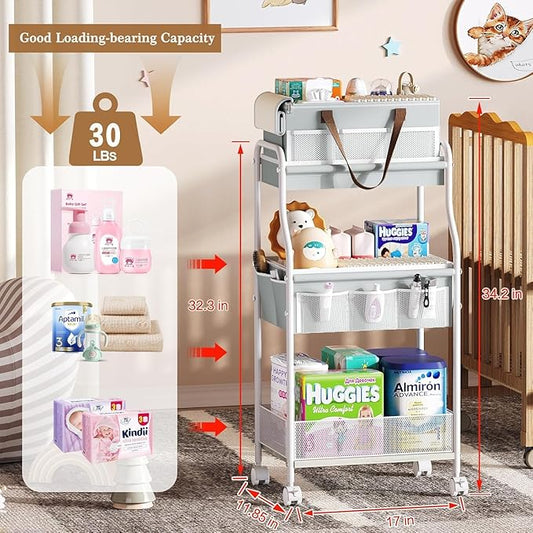 2In1 Baby Diaper Caddy & 3-Tier Rolling Diaper Cart, Diaper Caddy Organizer Cart with Dividers & 12 Pockets, Nursery Bedside Caddy Utility Cart for Baby Clothes & Dresser Baby Bottle,Baby Essential