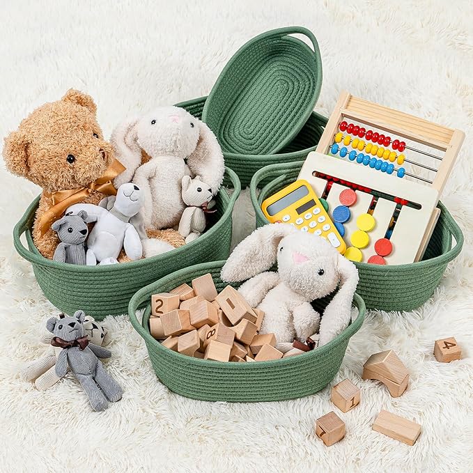 CubesLand Small Cotton Rope Storage Basket Set 5, Shelves Baskets for Organizing with Handle, Decorative Closet Storage Bins for Countertop Toilet Paper Basket for Toilet Tank Top,Green Basket