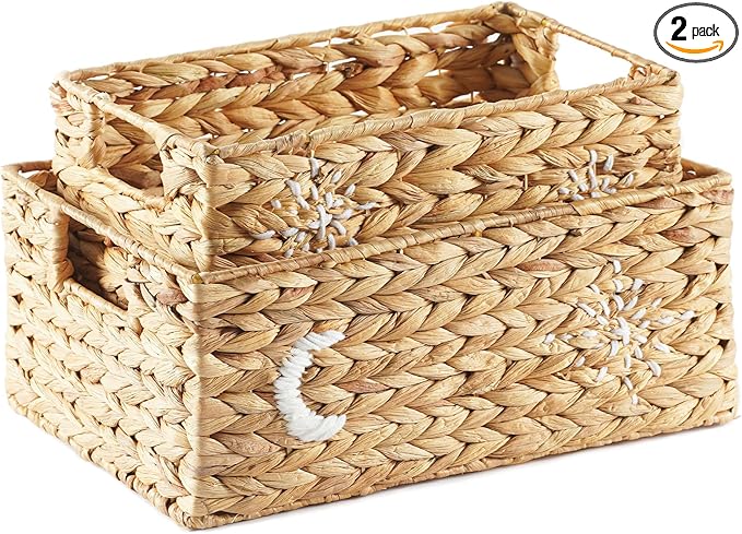 Greenatural Water Hyacinth Storage Baskets Set of 2, Handwoven Rectangular Organizer Trays with Handles, Wicker Bins with Hand Embroidered Patterns for Shelf, Bathroom, Kitchen, Office, Natural Decor