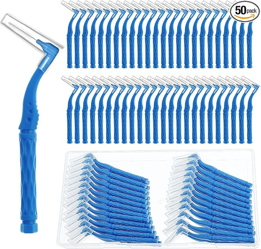 50pcs Interdental Brushes, Blue Soft Dental Brushes with Non-Slip Handle Angled Head Tooth Picks Floss Sticks Dental Floss Brushes for Braces Oral Cleaning Narrow Gaps Between Teeth