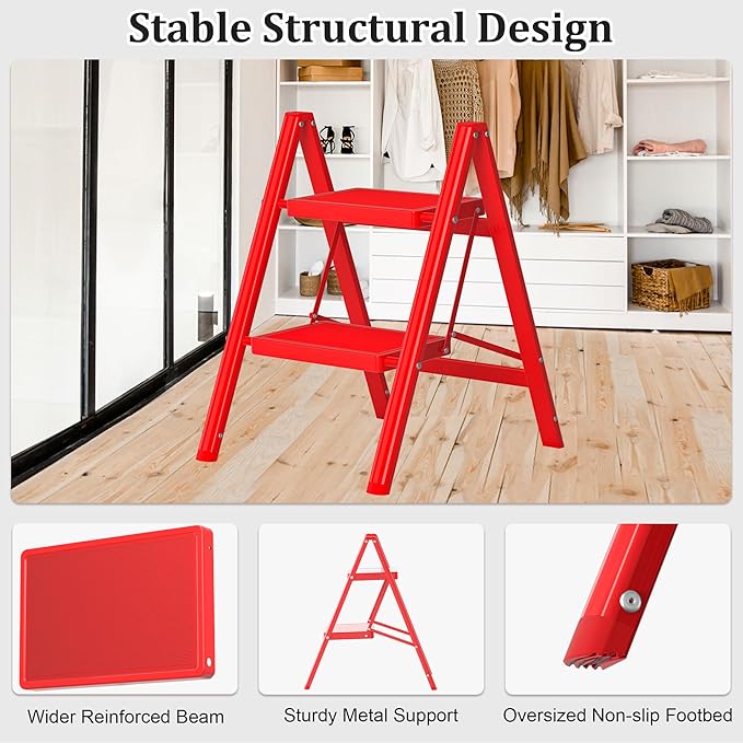 2 Step Ladder, Folding Step Stool with Anti-Slip Wide Pedal, Anti-Slip Feet, Sturdiest Steel Construction, Steel Ladder for Home and Office, Red
